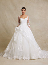 Long Sleeve Glitter Tulle Ball Gown Wedding Dress with Lace-Up Back – Romantic Lace Bridal Gown
