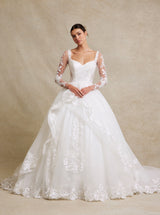 Long Sleeve Glitter Tulle Ball Gown Wedding Dress with Lace-Up Back – Romantic Lace Bridal Gown