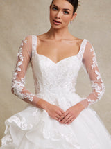 Long Sleeve Glitter Tulle Ball Gown Wedding Dress with Lace-Up Back – Romantic Lace Bridal Gown