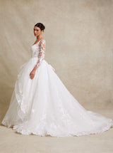 Long Sleeve Glitter Tulle Ball Gown Wedding Dress with Lace-Up Back – Romantic Lace Bridal Gown