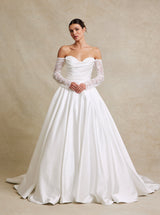 Off-the-Shoulder Satin Ball Gown Wedding Dress with Long Lace Sleeves – Modest Classic Bridal Gown with Train