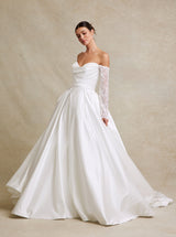 Off-the-Shoulder Satin Ball Gown Wedding Dress with Long Lace Sleeves – Modest Classic Bridal Gown with Train