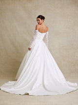 Off-the-Shoulder Satin Ball Gown Wedding Dress with Long Lace Sleeves – Modest Classic Bridal Gown with Train