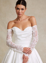 Off-the-Shoulder Satin Ball Gown Wedding Dress with Long Lace Sleeves – Modest Classic Bridal Gown with Train