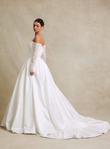 Off-the-Shoulder Satin Ball Gown Wedding Dress with Long Lace Sleeves – Modest Classic Bridal Gown with Train