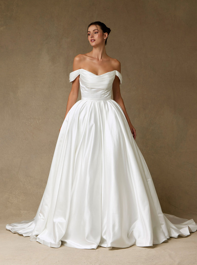 off the shoulder satin ball gown wedding dress Off-the-Shoulder Satin Ball Gown Wedding Dress with Bow Back – Minimalist Classic Bridal Gown with Train