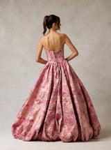 Pink Floral Jacquard Ball Gown – Strapless Corset Prom Dress with Voluminous Skirt