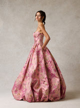 Pink Floral Jacquard Ball Gown – Strapless Corset Prom Dress with Voluminous Skirt