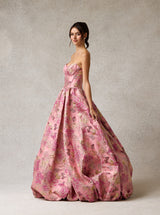 Pink Floral Jacquard Ball Gown – Strapless Corset Prom Dress with Voluminous Skirt