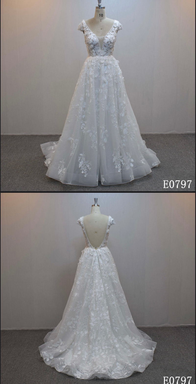 Wedding Dress Sexy Bohemian Deep V Neck 3D Floral Appliques Bridal Gowns Backless