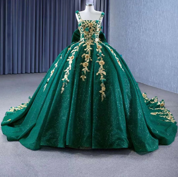 Emerald Green glitter Ball Gown with Bow and Florals