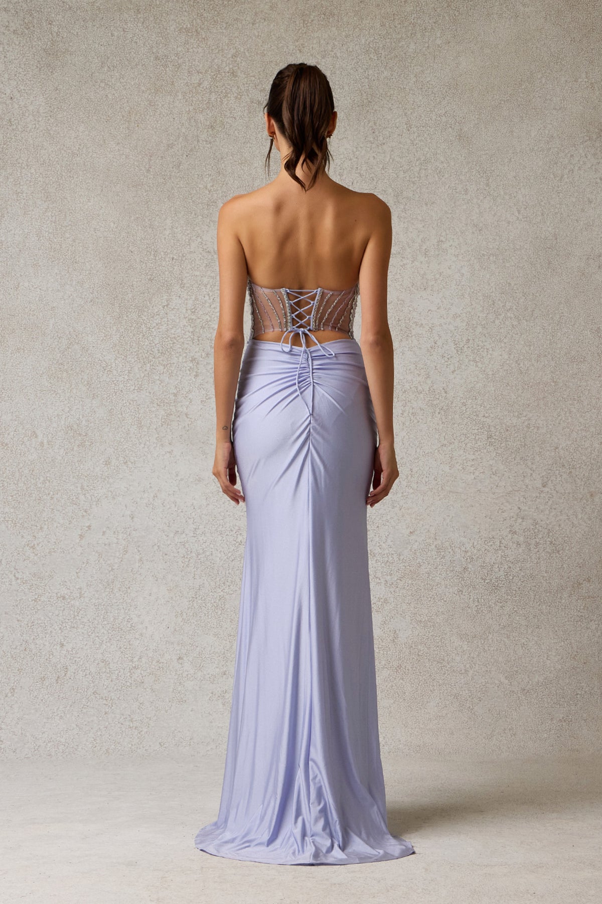 lavender corset prom dress Strapless Beaded with High Slit – Fitted Evening Gown- SIGP3054 7/18/25 mc Black Dresser | Crate A graceful sweep train Color:White/Mint