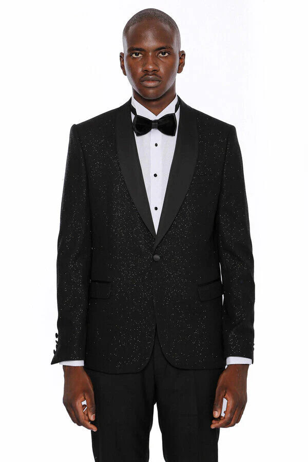 Black Shawl Lapel Sparkly Men’s Party Blazer - Slim Fit, Formal Jacket