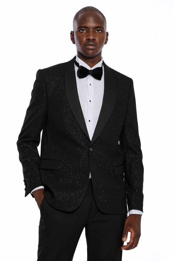 Black Shawl Lapel Sparkly Men’s Party Blazer - Slim Fit, Formal Jacket