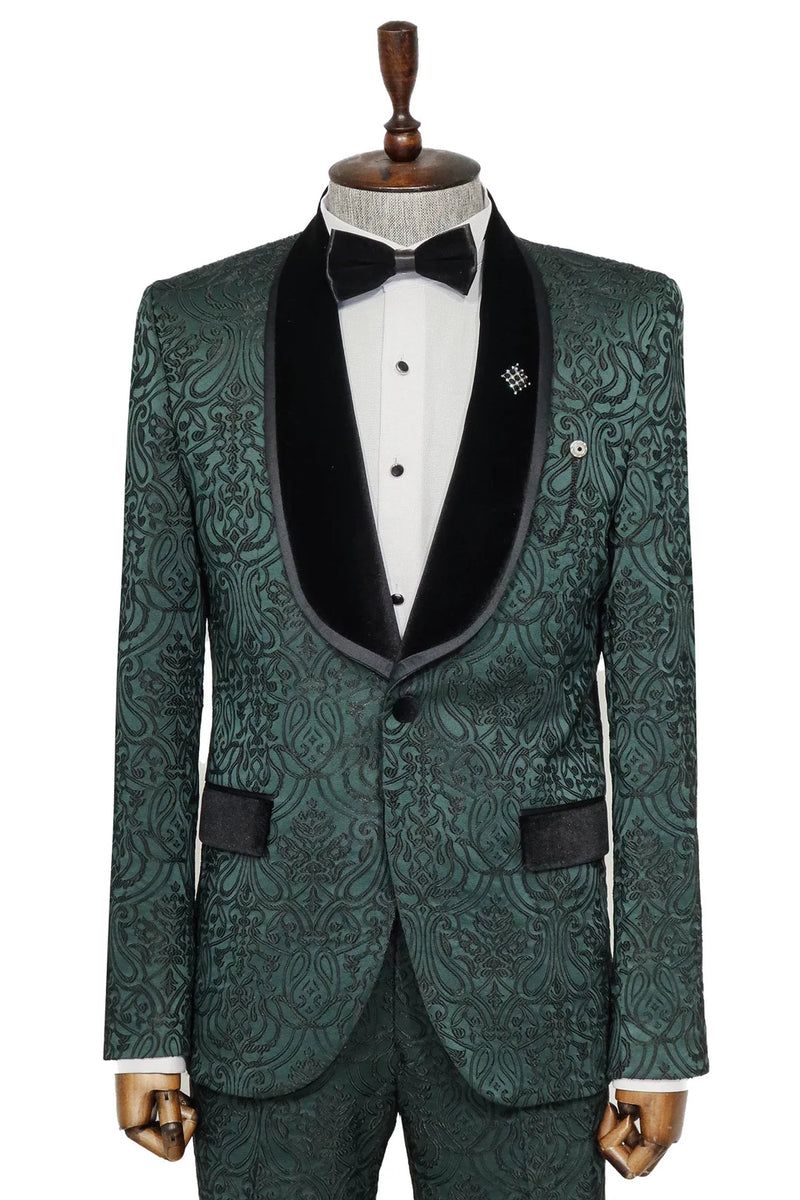 2 Piece Patterned Velvet Emerald Green Men's Tuxedo 40 2 Piece Patterned Velvet Emerald Green Men's Tuxedo 40