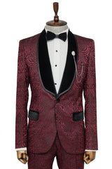 2 Piece Patterned Velvet Burgundy Men's Tuxedo Suit