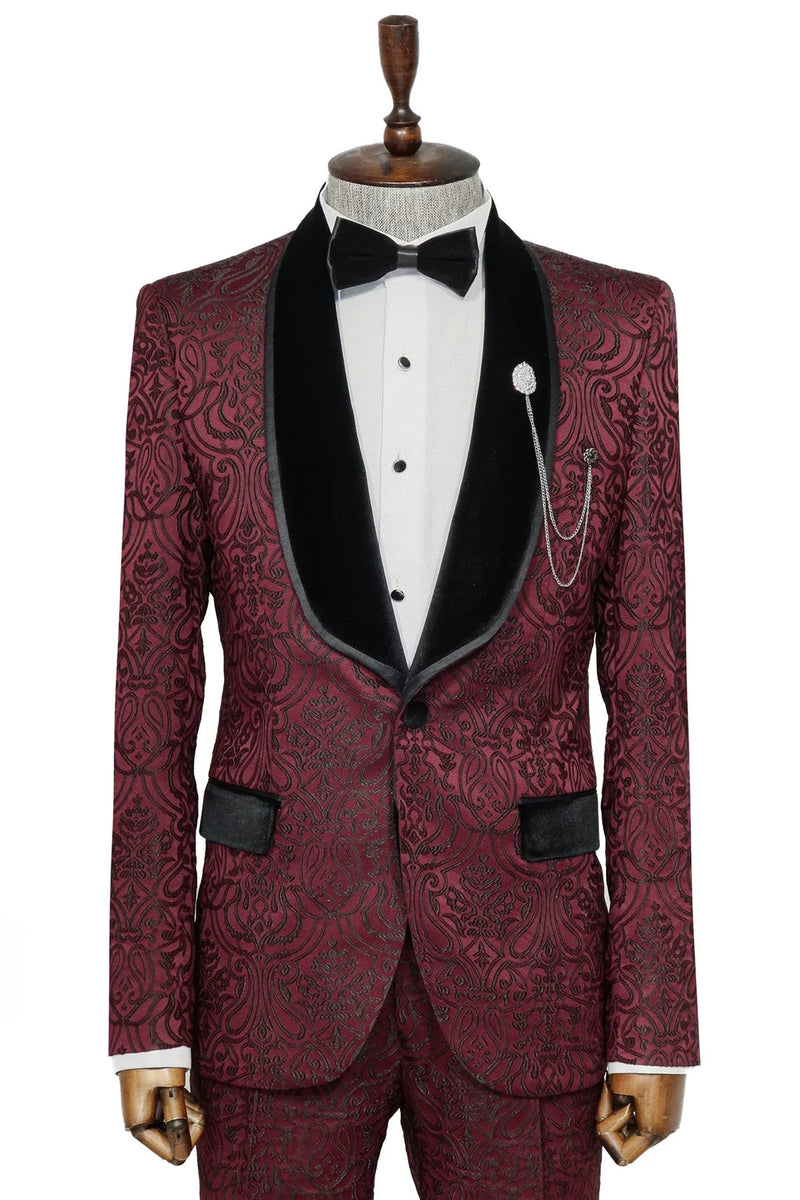 2 Piece Patterned Velvet Burgundy Men's Tuxedo Suit