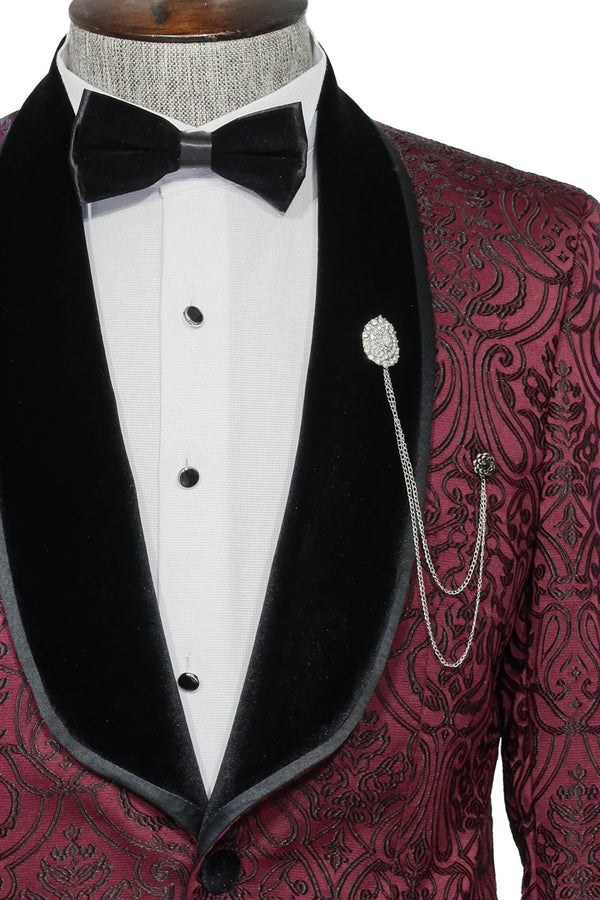 2 Piece Patterned Velvet Burgundy Men's Tuxedo Suit