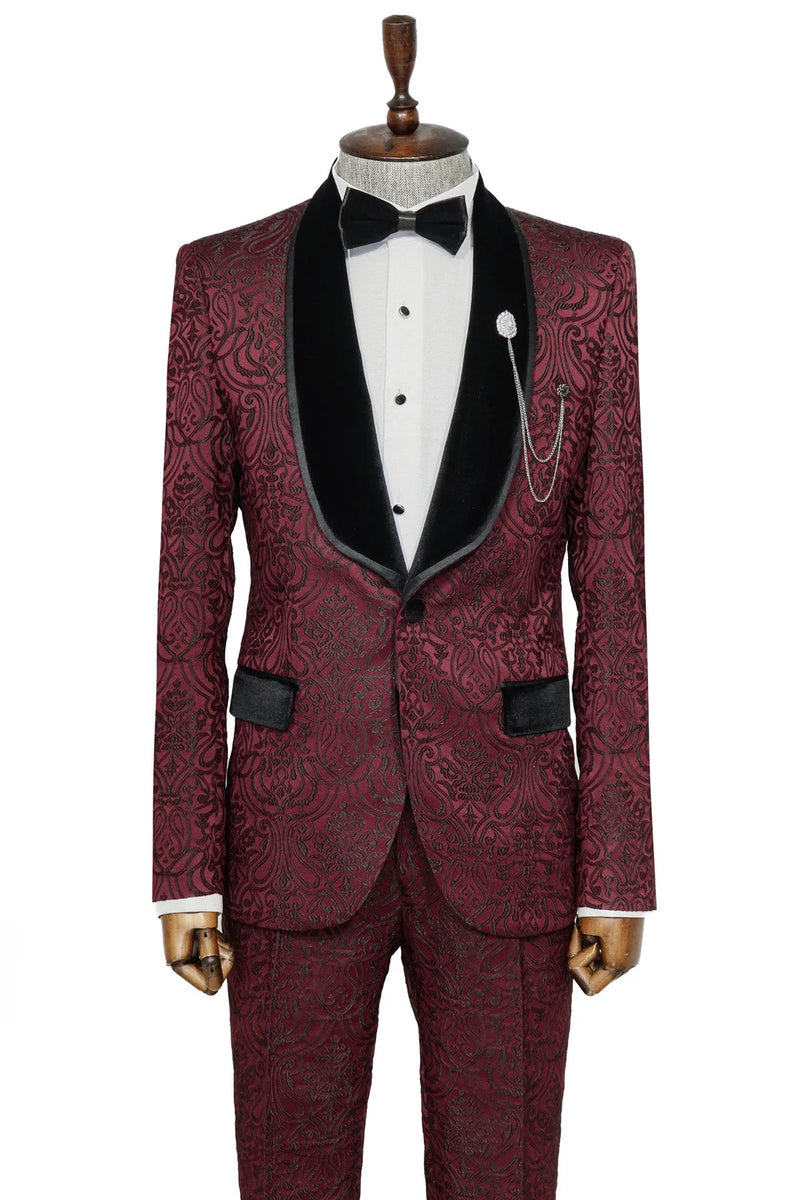 2 Piece Patterned Velvet Burgundy Men's Tuxedo Suit