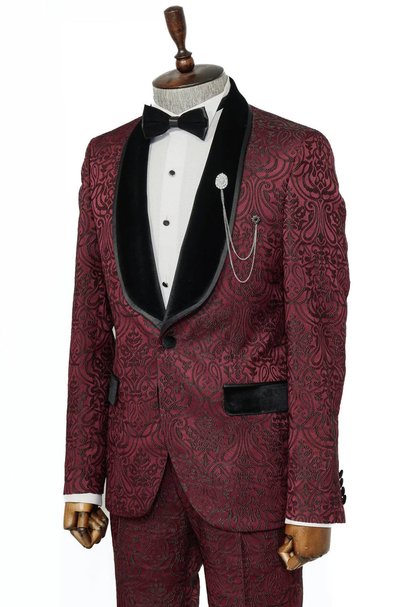 2 Piece Patterned Velvet Burgundy Men's Tuxedo Suit