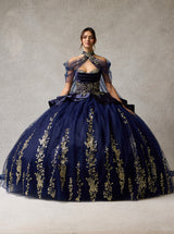 Navy Blue and Gold Ball Gown Prom Dress with Cape – Luxury Glitter Embroidered Princess Quinceañera Gown