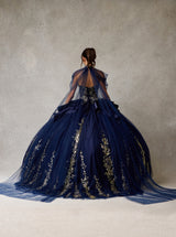 Navy Blue and Gold Ball Gown Prom Dress with Cape – Luxury Glitter Embroidered Princess Quinceañera Gown