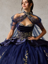 Navy Blue and Gold Ball Gown Prom Dress with Cape – Luxury Glitter Embroidered Princess Quinceañera Gown