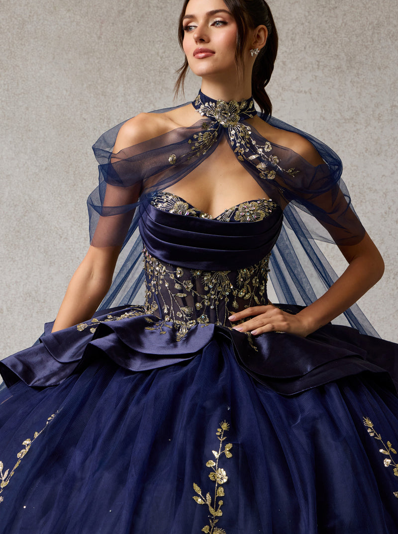 Navy Blue and Gold Ball Gown Prom Dress with Cape – Luxury Glitter Emb – Sandra's Bridal Collection