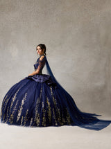 Navy Blue and Gold Ball Gown Prom Dress with Cape – Luxury Glitter Embroidered Princess Quinceañera Gown