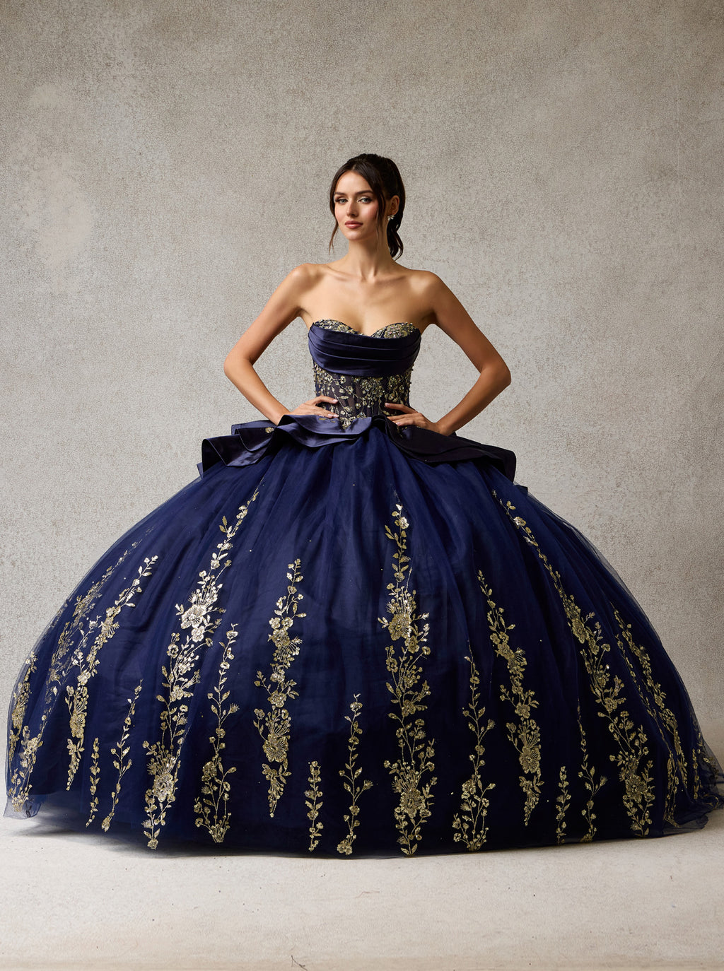 Navy Blue and Gold Ball Gown Prom Dress with Cape – Luxury Glitter