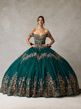 Emerald Green Quinceañera Ball Gown with Gold Embroidery – Luxury Off-Shoulder Princess Dress