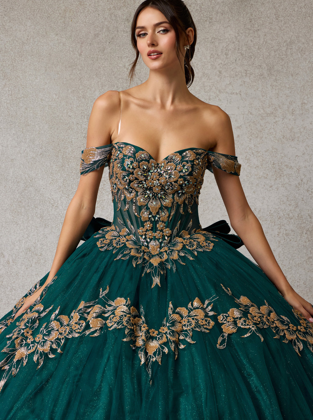 emerald green and gold quinceanera dresses Quinceañera Ball Gown with Embroidery – Luxury Off-Shoulder Princess Dress short beaded