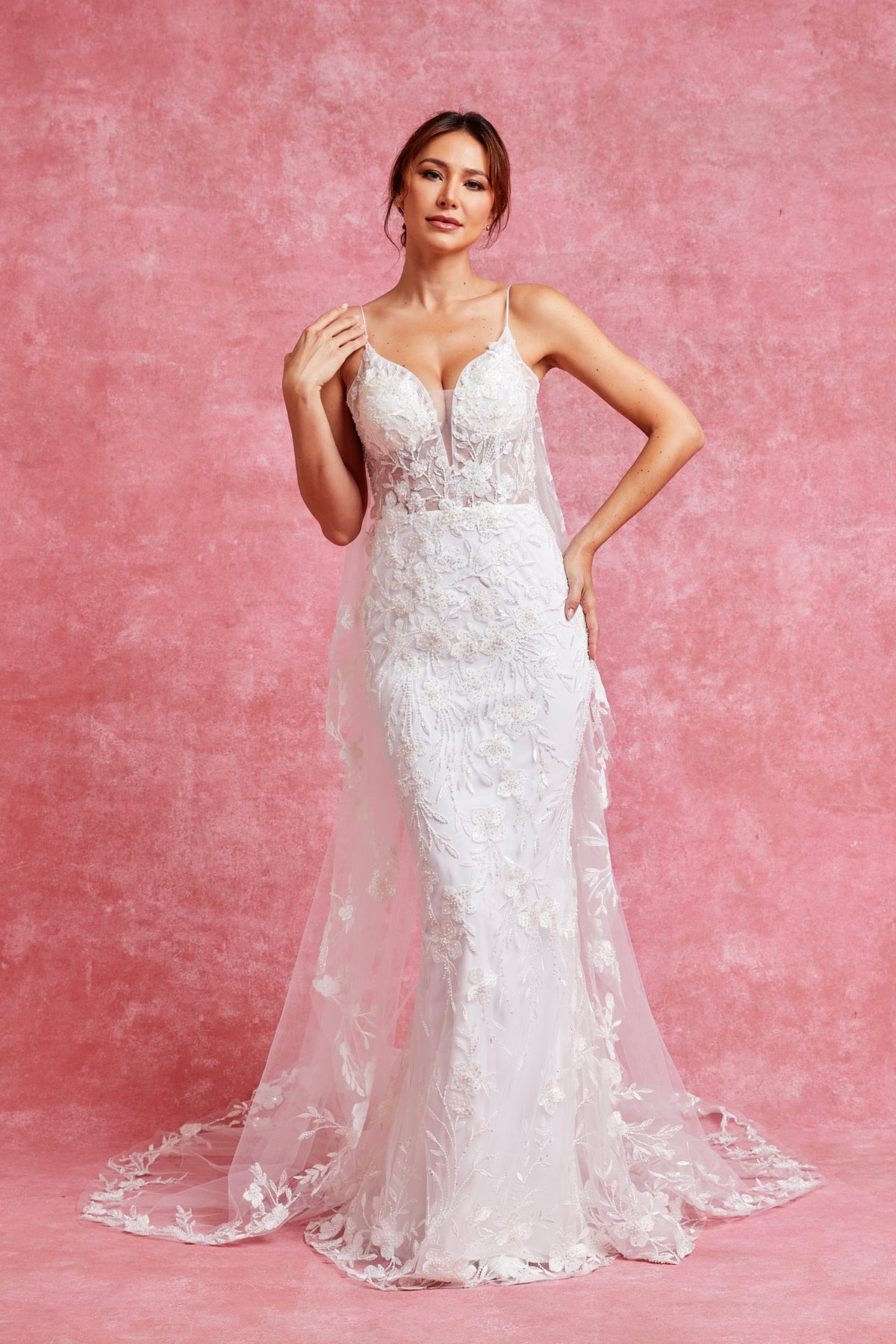 Floral Lace Mermaid Wedding Dress with Cathedral Veil Train Beaded B Sandra's Bridal Collection Floral Lace Mermaid Wedding Dress with Cathedral Veil Train Beaded B Sandra's Bridal Collection