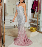 White /silver /pink Gradient mermaid Evening dress with one shoulder floral