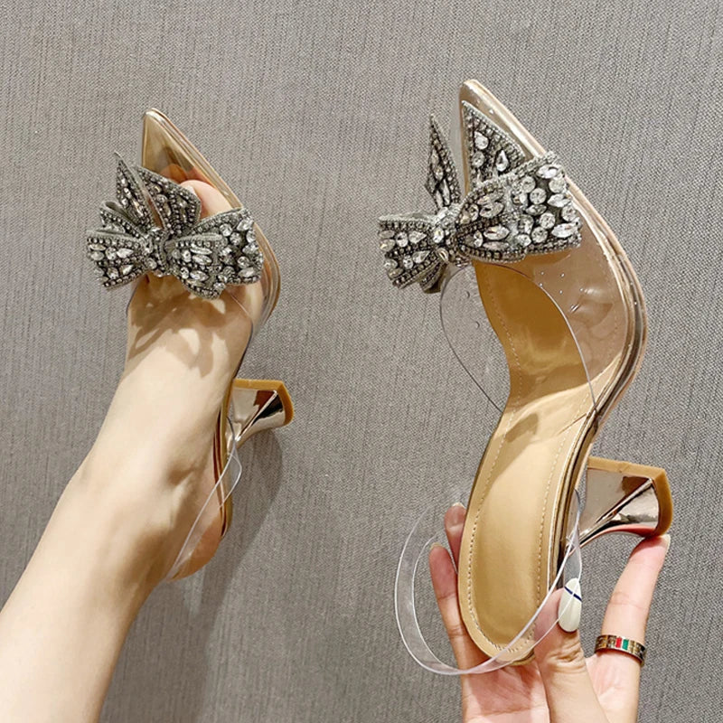 Elegant Crystal bow pvc Pointed High Heels with Back strap