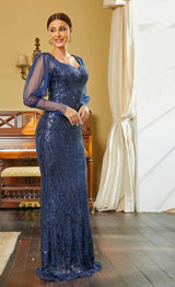 Elegant Navy Blue Long sleeve Bodycon sweetheart neckline sequins Evening Dress
