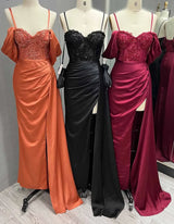 Luxury Embroidered Silk Satin Evening Gown with Sexy Slit and Beading - Perfect for Formal Events and Bridesmaids