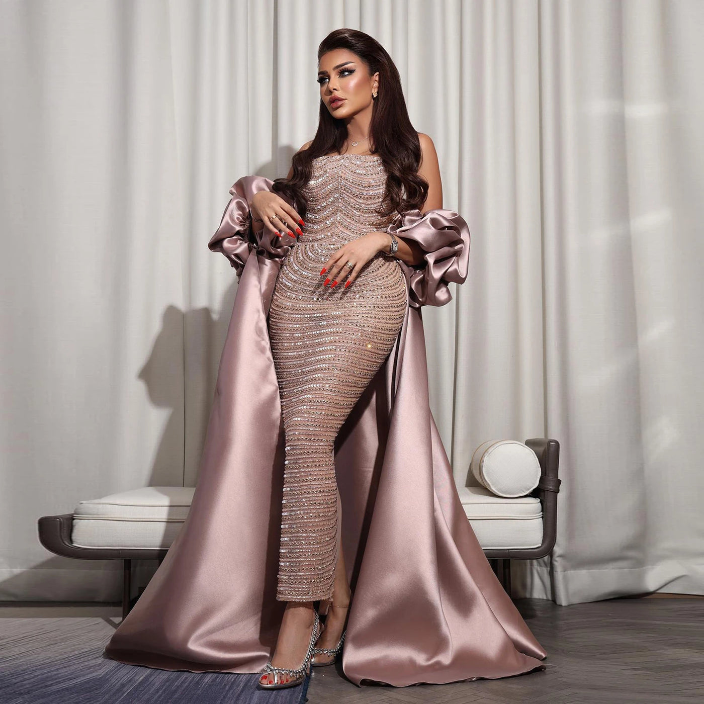 Luxury High Fashion Evening Dresses with puff sleeve cape Dusty Rose / 14 / USA Luxury High Fashion Evening Dresses with puff sleeve cape Dusty Rose / 14 / USA