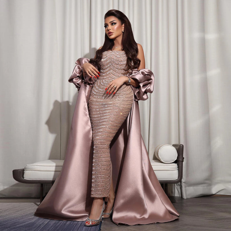Luxury High Fashion Evening Dresses with puff sleeve cape – Sandra's Bridal Collection