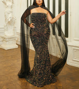 Glamorous Plus Size Mermaid Evening Dress with Sequins, Elegant Cloak Sleeves and Strapless Design