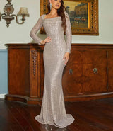 Elegant Long Sleeve Square Collar Bodycon Maxi Prom Party Dresses Gown
