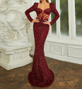 Elegant and sophisticated Red Sequin Prom Dress with deep Sweetheart Neck & Long Sleeve
