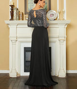 Elegant Black Evening Dress with attached Train - Women's O-Neck Long Sleeve Sequin Patchwork Gown