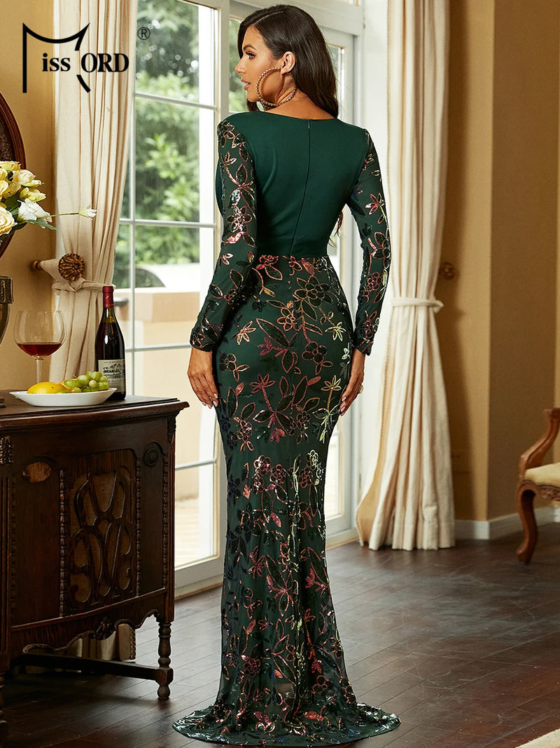Elegant Green Mermaid Party Dress with Sequined Flower Pattern and Long Sleeves - Perfect for Weddings, Proms, and Formal Events