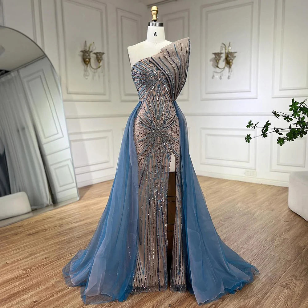 Luxury Couture Hand Beaded Evening Gown- Saria blue / 6