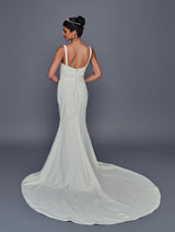 Satin sheath bridal gown with court train back view