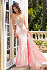 Baby pink strapless beaded sweetheart satin prom gown front view