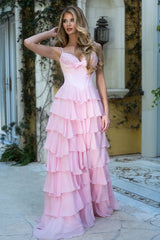 Pink tiered ruffle corset prom gown front view