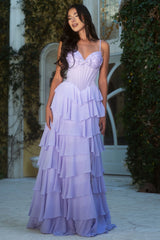 Lilac tiered ruffle corset evening gown front view