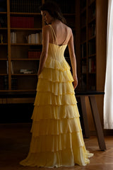 Yellow tiered ruffle gown back view